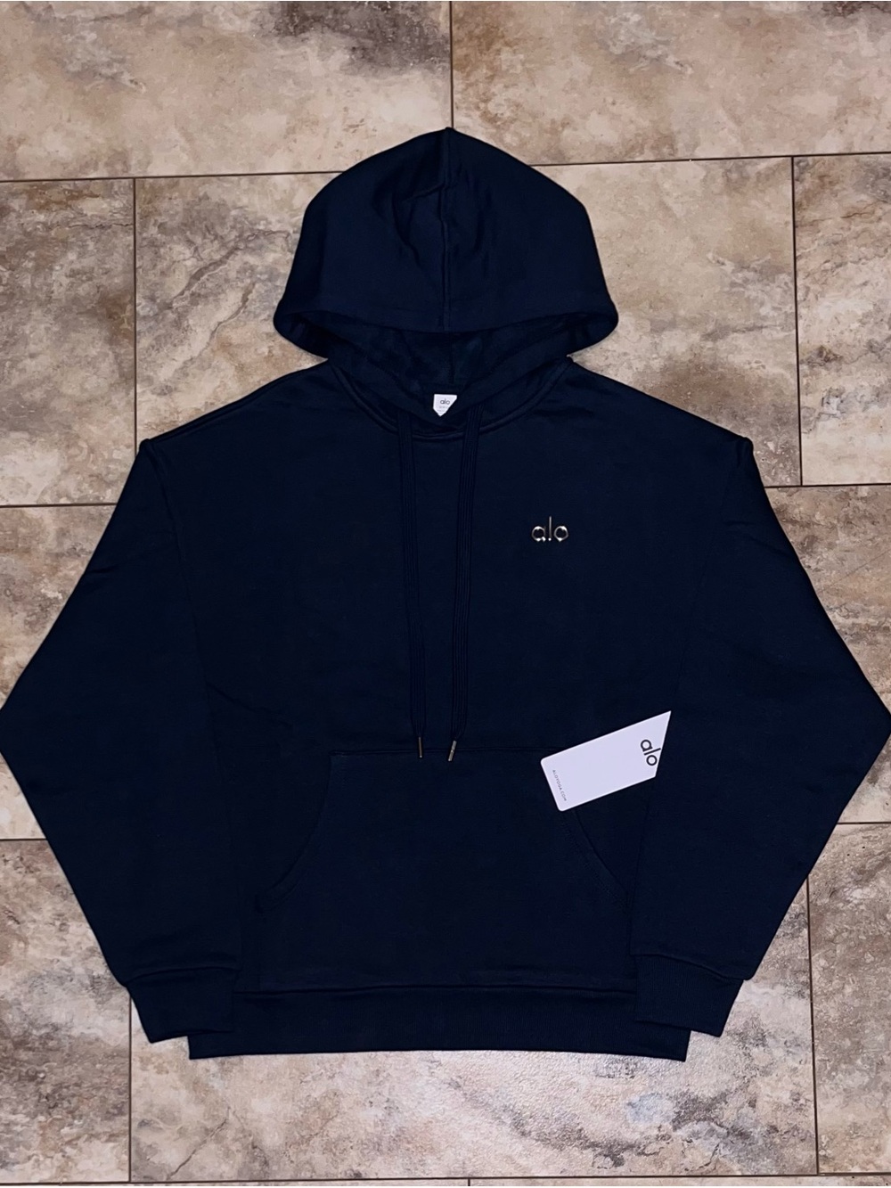 Alo Yoga Accolade Hoodie Pullover Logo Sweatshirt Navy Blue Size Small